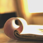 Rolled paper and pen resting on a desk in warm natural light
